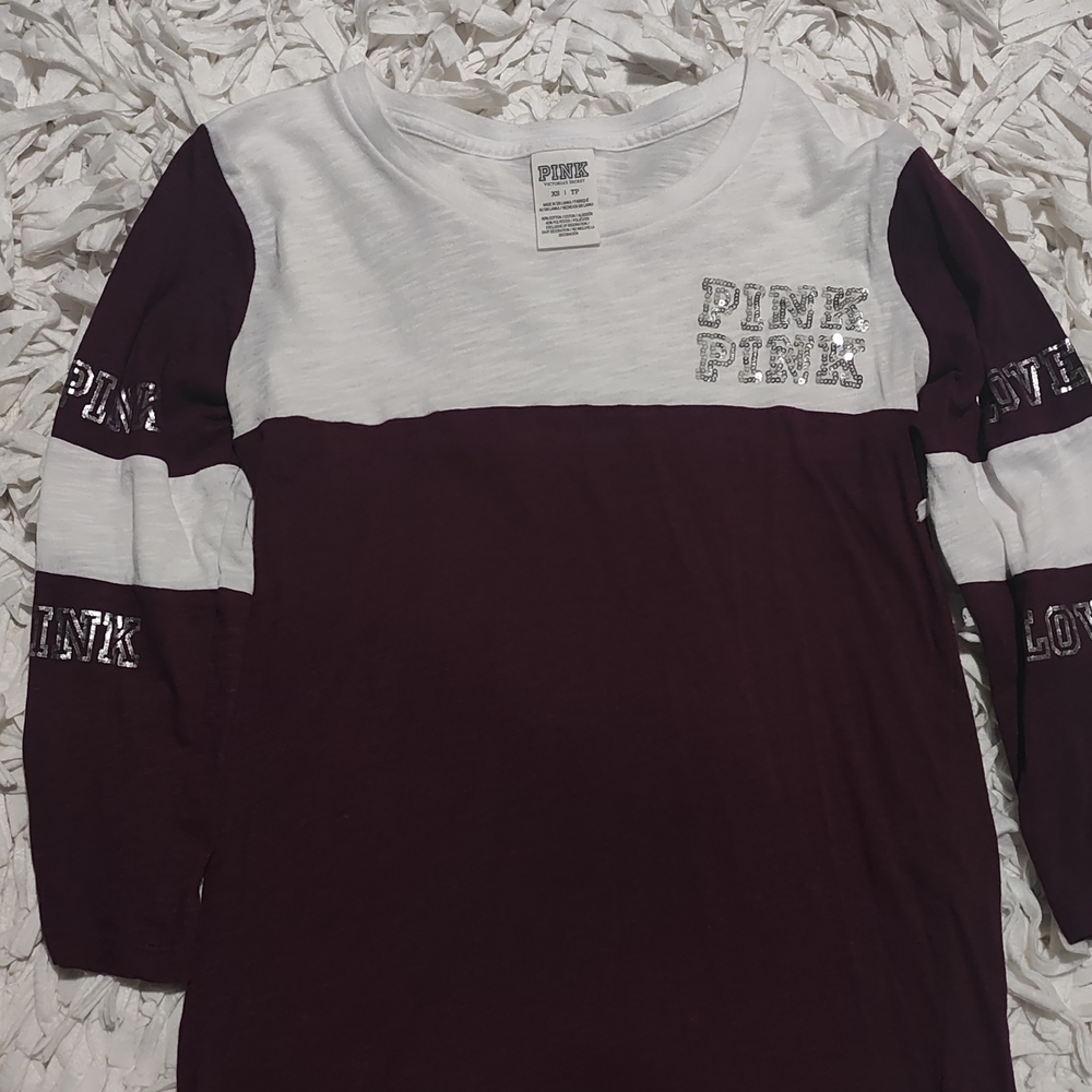 PINK Victoria's Secret Long Sleeve Tee - Burgundy and White
